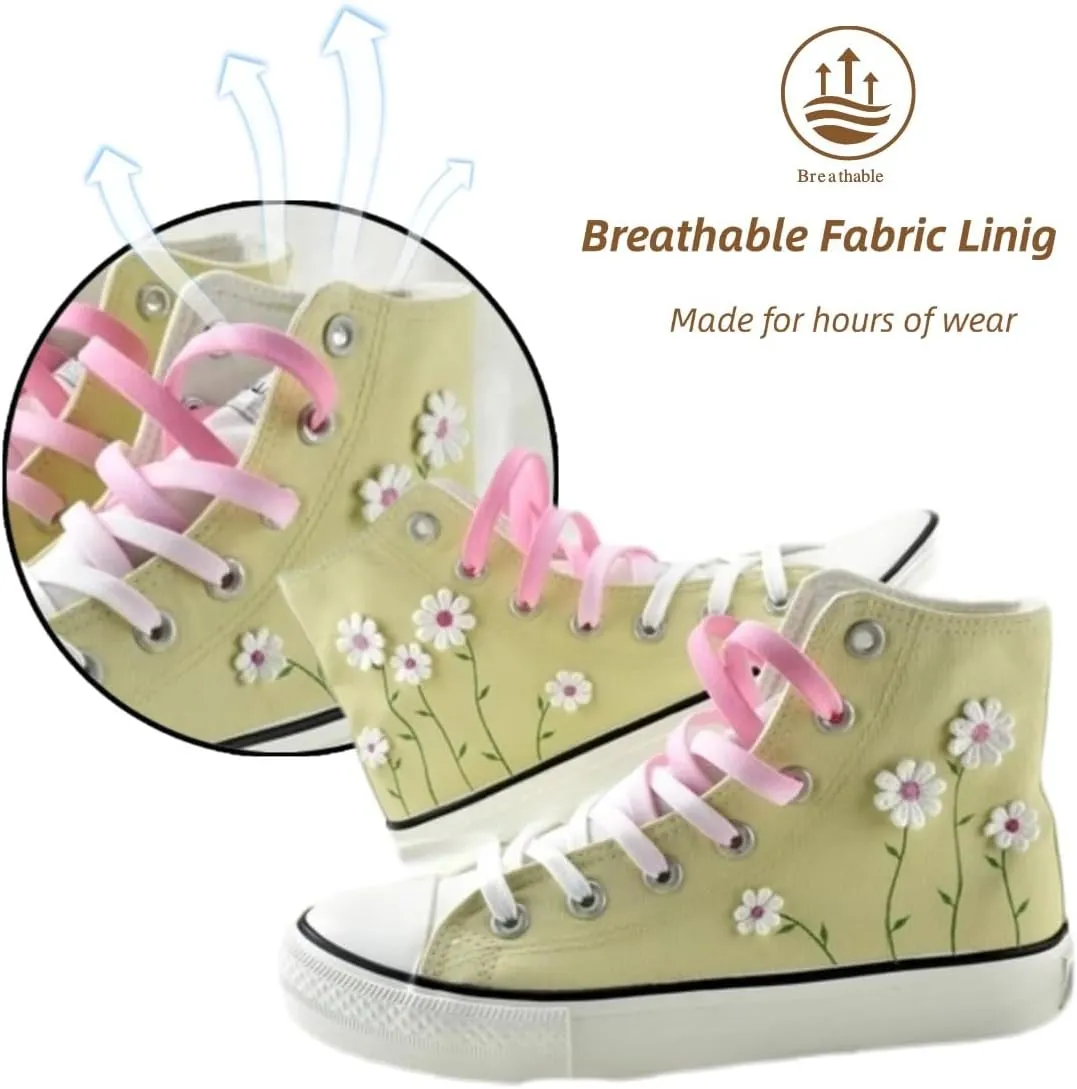 Ocean Foam Floral High Top Canvas Shoes for Women – Embroidered Korean Style Ethnic Graffiti Sneakers – Cute Aesthetic Spring Casual Shoes