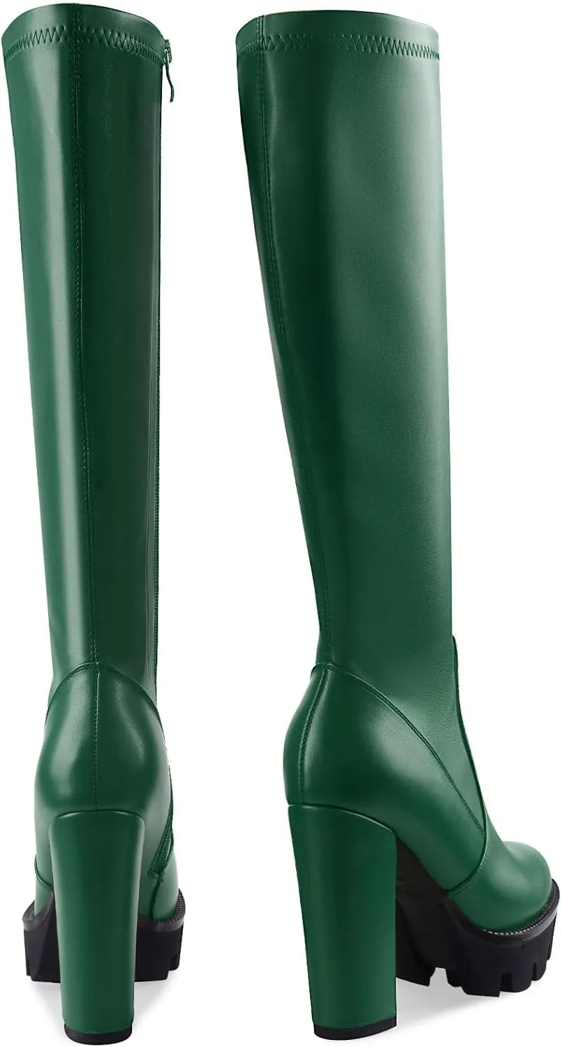 Oh Mispares Women’s Block High Heeled Knee-High Boots Zip Up Tall Boots for Women Round Toe Thick Sole Comfortable Fall Winter Booties with Chunky Heel