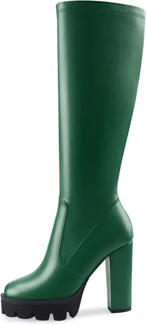 Oh Mispares Women’s Block High Heeled Knee-High Boots Zip Up Tall Boots for Women Round Toe Thick Sole Comfortable Fall Winter Booties with Chunky Heel
