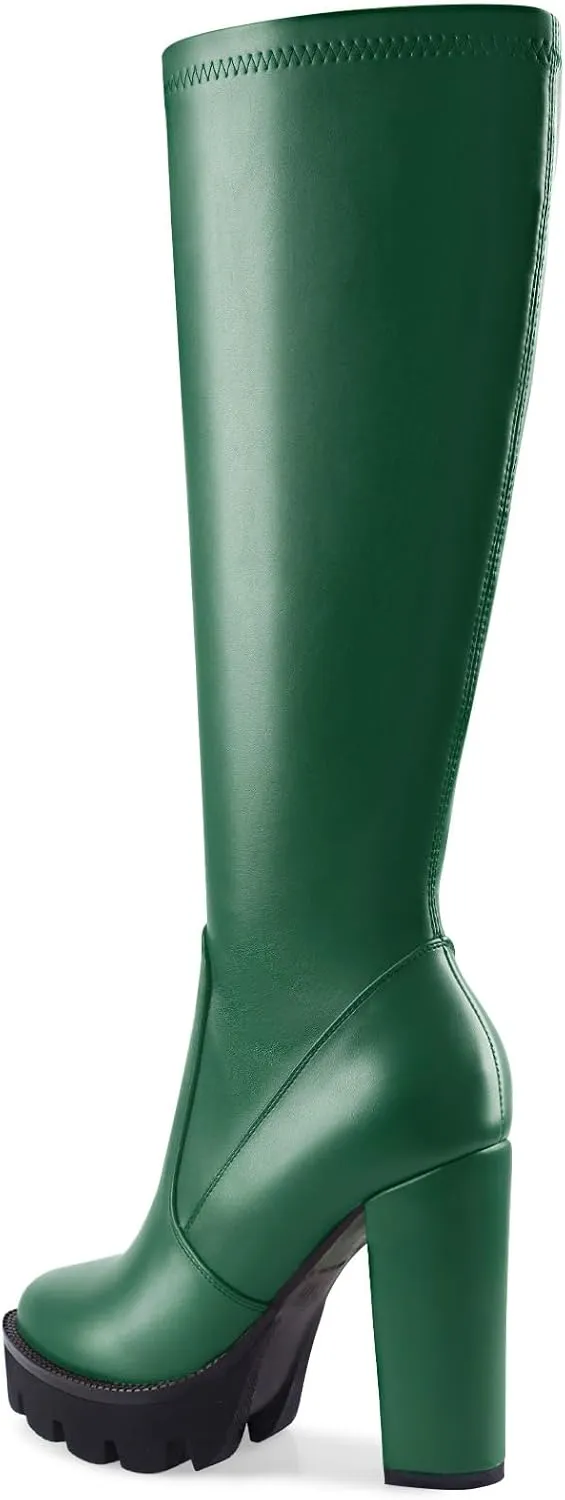 Oh Mispares Women’s Block High Heeled Knee-High Boots Zip Up Tall Boots for Women Round Toe Thick Sole Comfortable Fall Winter Booties with Chunky Heel