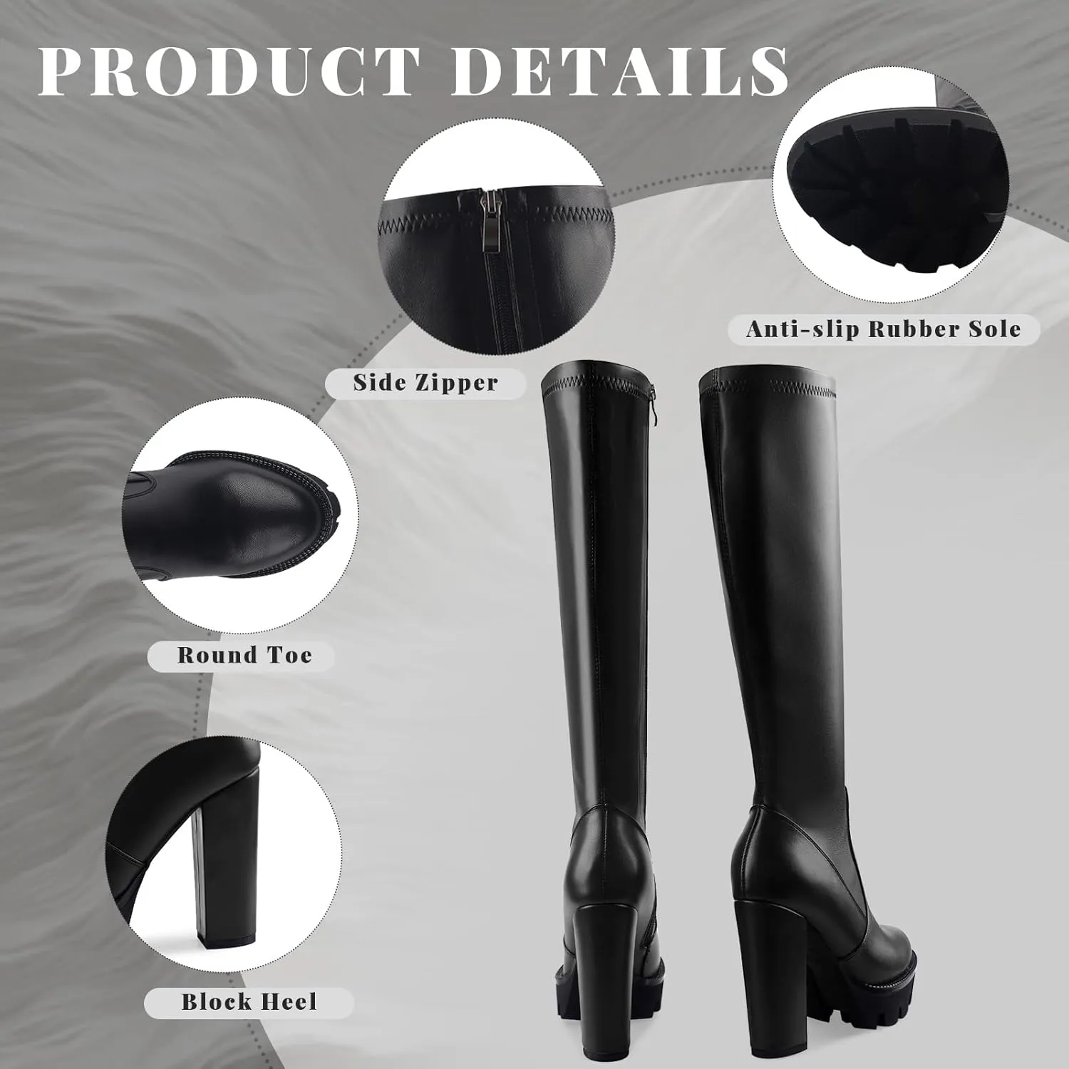 Oh Mispares Women’s Block High Heeled Knee-High Boots Zip Up Tall Boots for Women Round Toe Thick Sole Comfortable Fall Winter Booties with Chunky Heel