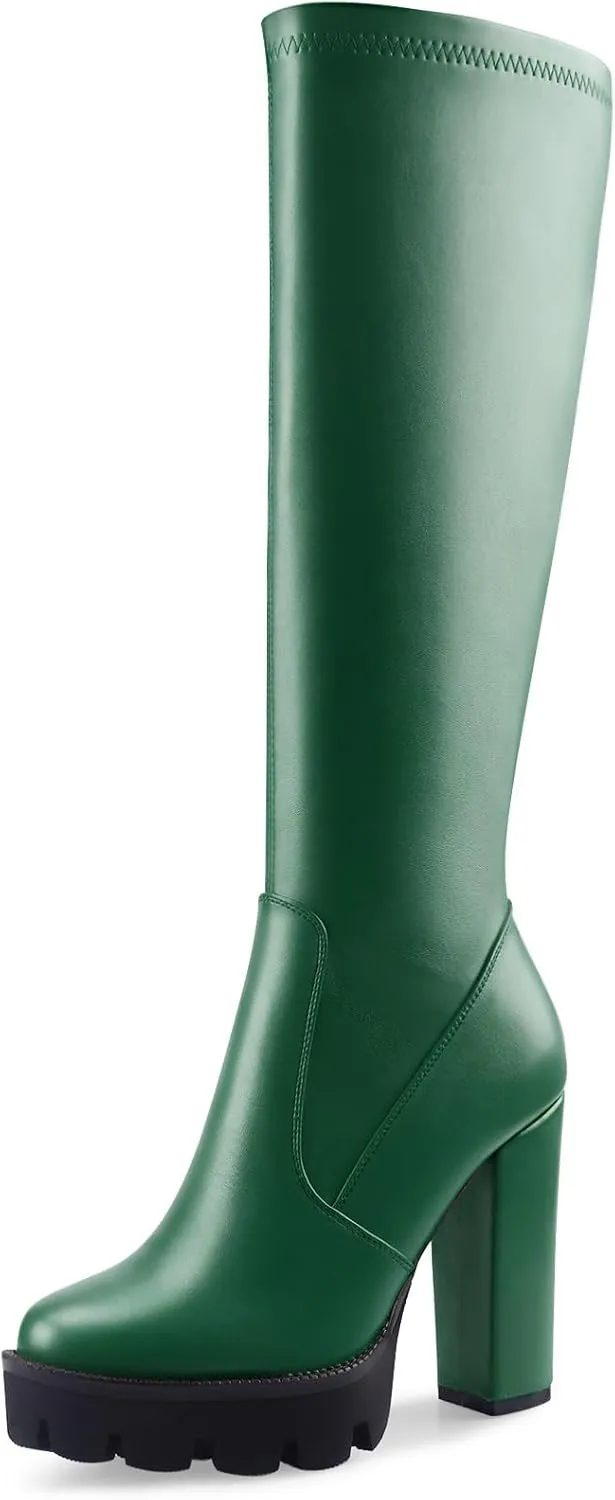 Oh Mispares Women’s Block High Heeled Knee-High Boots Zip Up Tall Boots for Women Round Toe Thick Sole Comfortable Fall Winter Booties with Chunky Heel