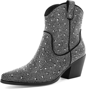 Oh Mispares Women's Sparkly Glitter Rhinestone Cowboy Ankle Boots Western Pointed Toe Low Block Heel Cowgirl Booties with Zipper