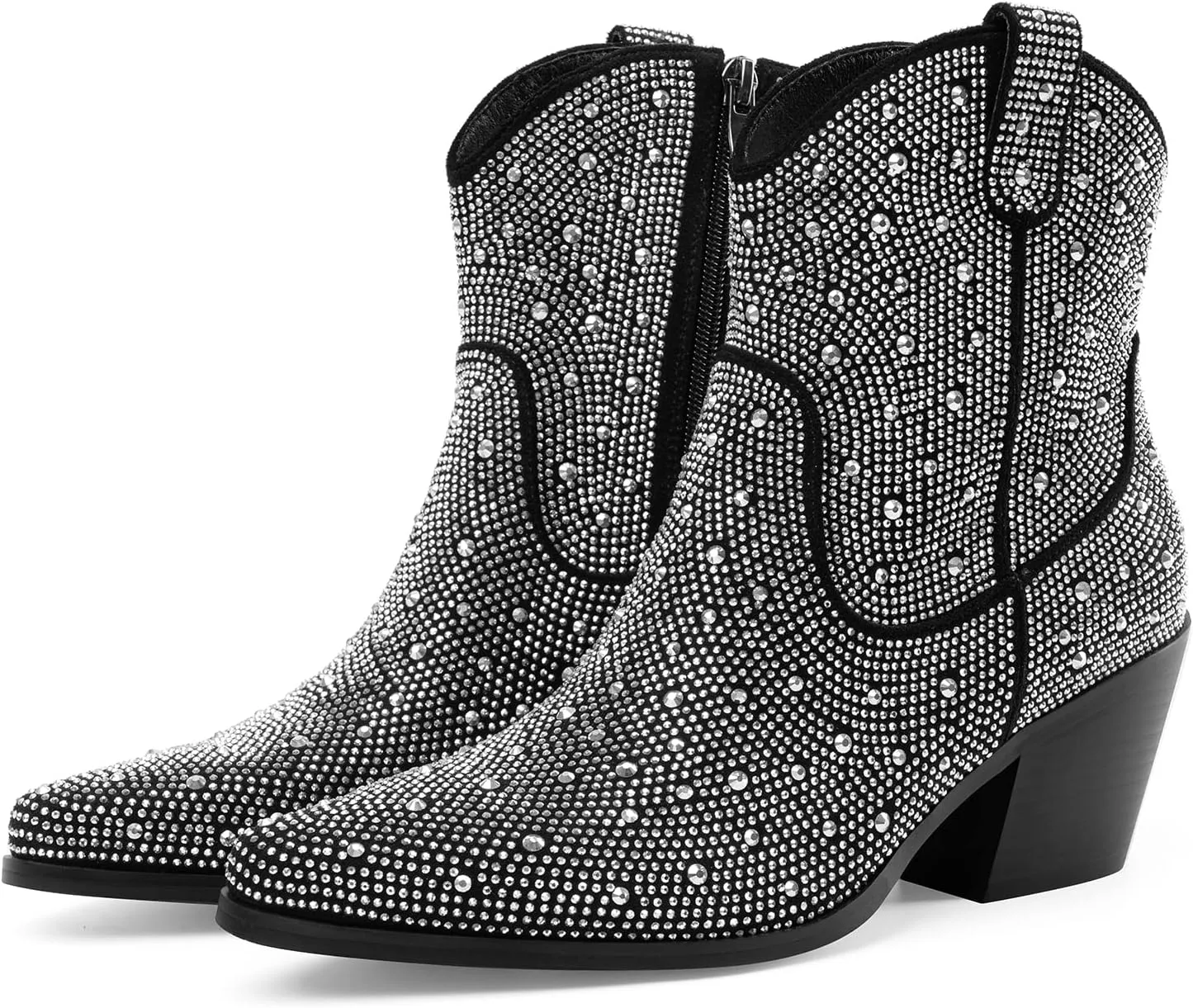 Oh Mispares Women's Sparkly Glitter Rhinestone Cowboy Ankle Boots Western Pointed Toe Low Block Heel Cowgirl Booties with Zipper