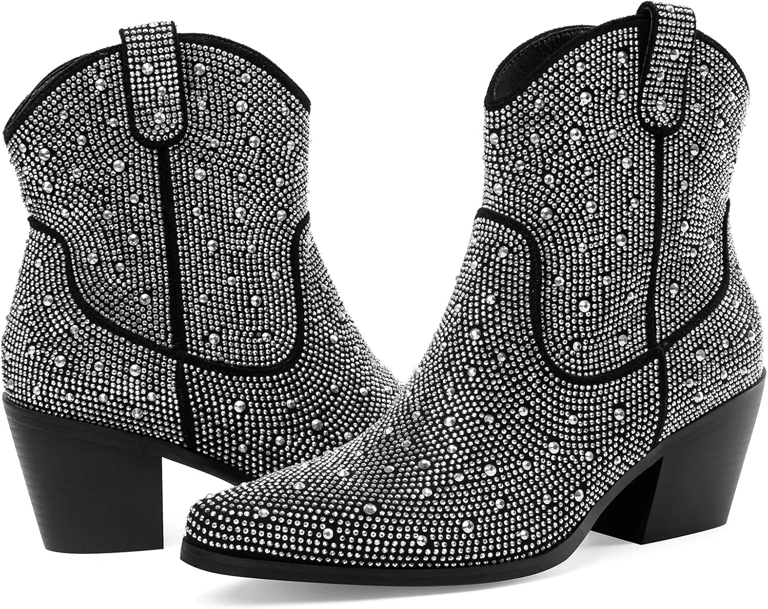 Oh Mispares Women's Sparkly Glitter Rhinestone Cowboy Ankle Boots Western Pointed Toe Low Block Heel Cowgirl Booties with Zipper