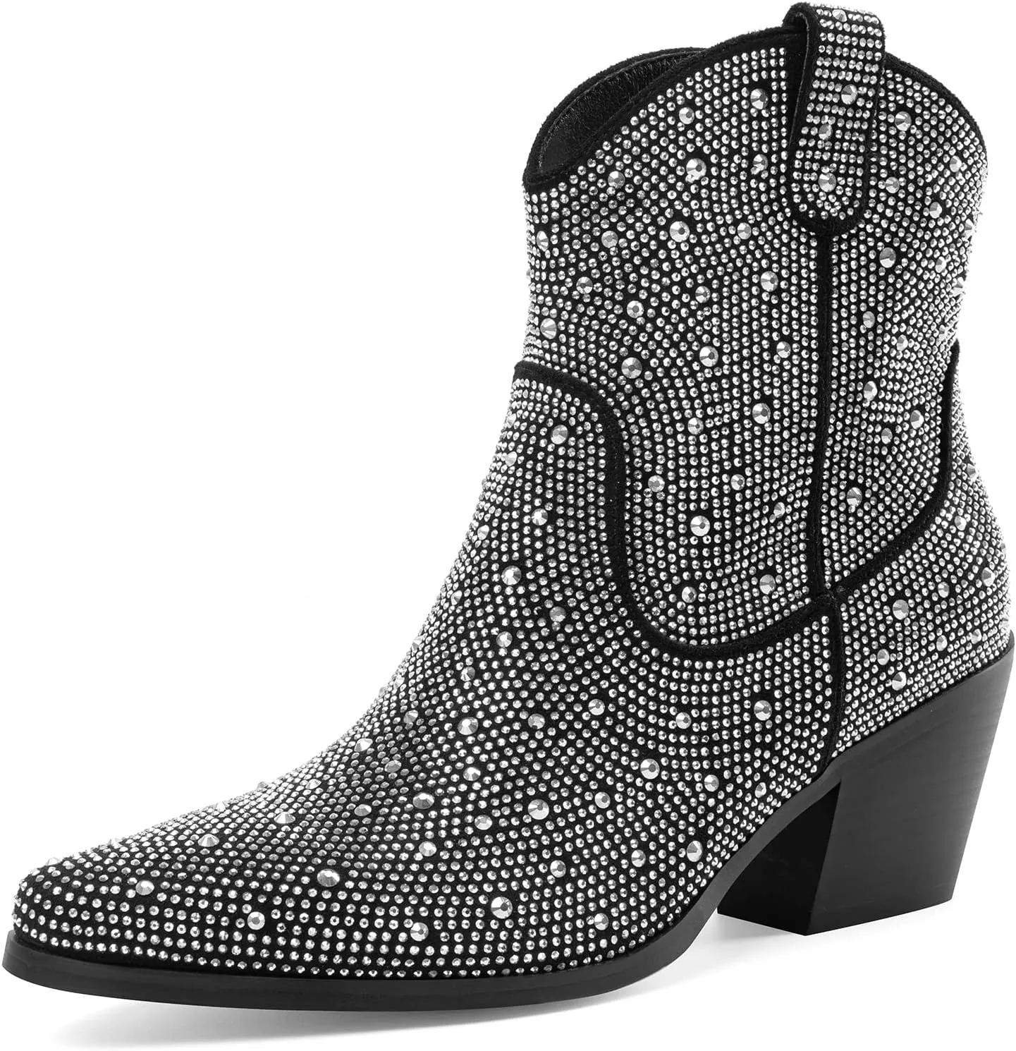 Oh Mispares Women's Sparkly Glitter Rhinestone Cowboy Ankle Boots Western Pointed Toe Low Block Heel Cowgirl Booties with Zipper