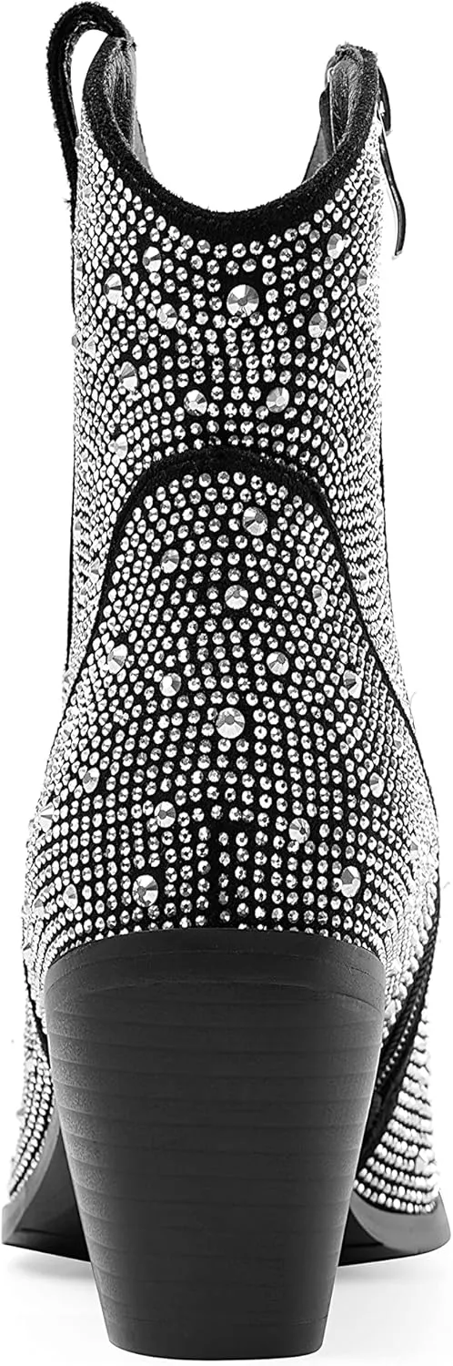 Oh Mispares Women's Sparkly Glitter Rhinestone Cowboy Ankle Boots Western Pointed Toe Low Block Heel Cowgirl Booties with Zipper
