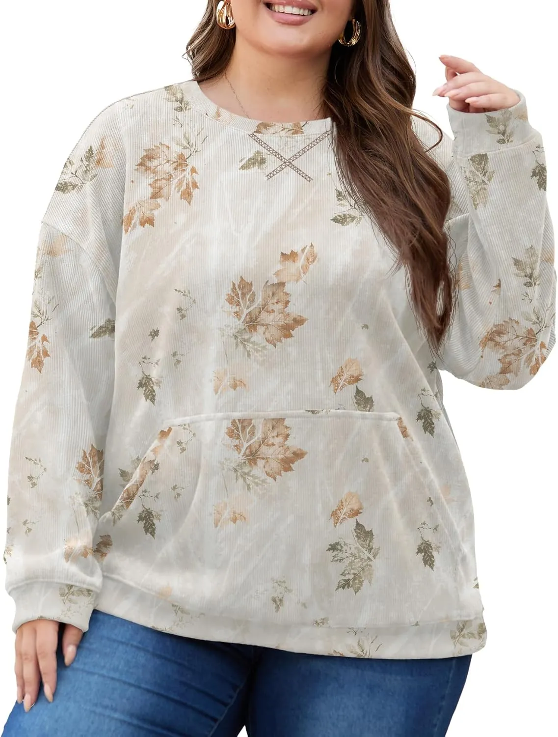 OLRIK Plus Size Sweatshirts for Women Corduroy Knit Long Sleeve Crew Neck Pullover with Pocket 2025 Trendy Sweater 1X-5X