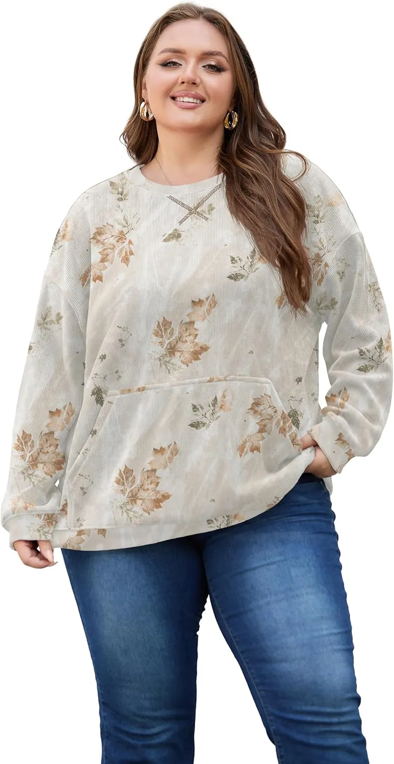 OLRIK Plus Size Sweatshirts for Women Corduroy Knit Long Sleeve Crew Neck Pullover with Pocket 2025 Trendy Sweater 1X-5X