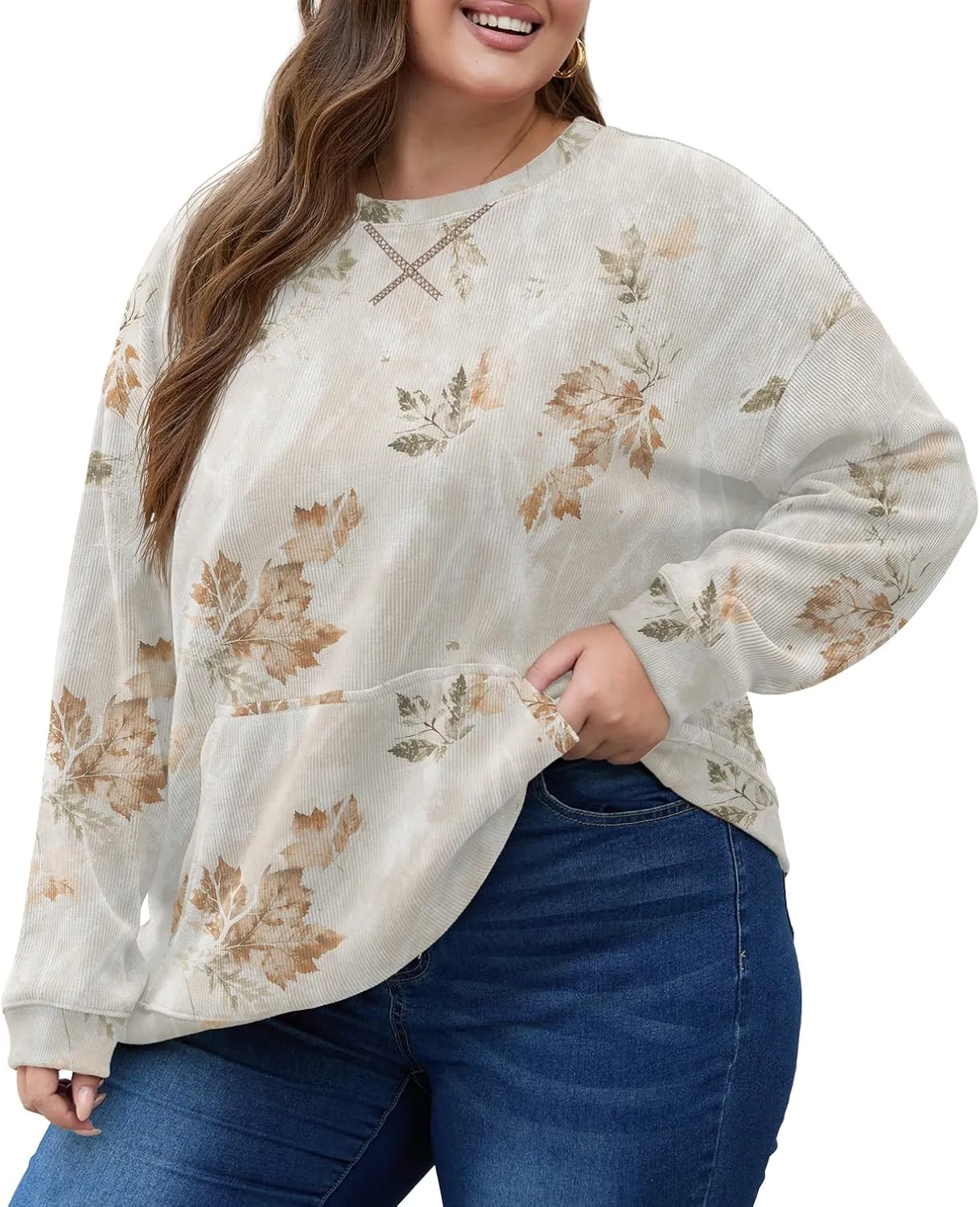 OLRIK Plus Size Sweatshirts for Women Corduroy Knit Long Sleeve Crew Neck Pullover with Pocket 2025 Trendy Sweater 1X-5X
