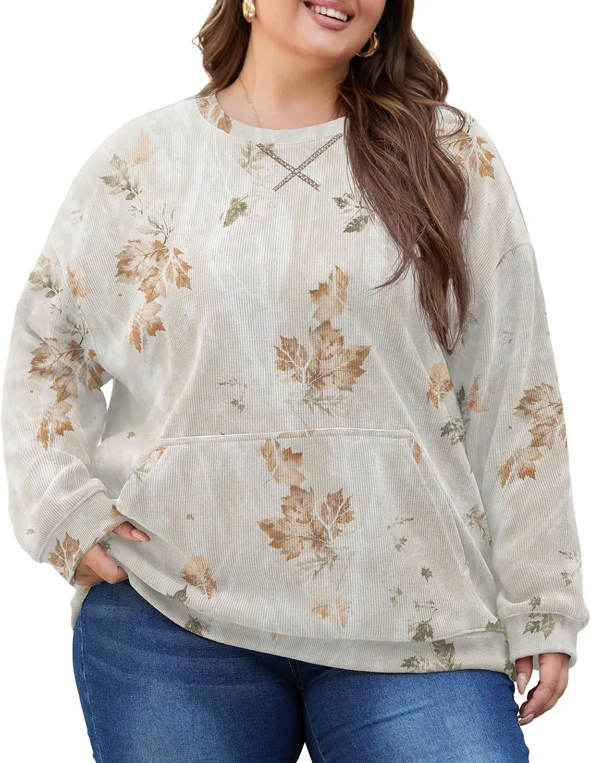 OLRIK Plus Size Sweatshirts for Women Corduroy Knit Long Sleeve Crew Neck Pullover with Pocket 2025 Trendy Sweater 1X-5X