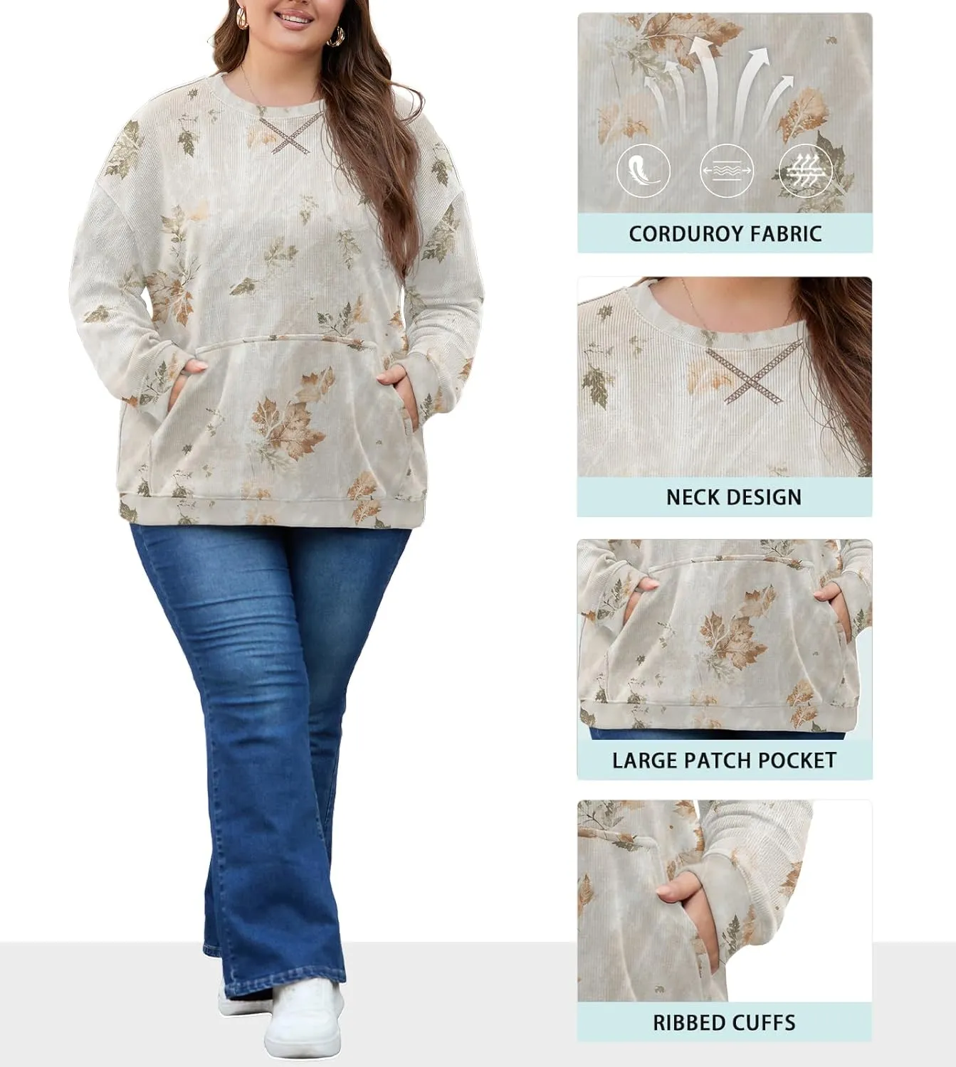 OLRIK Plus Size Sweatshirts for Women Corduroy Knit Long Sleeve Crew Neck Pullover with Pocket 2025 Trendy Sweater 1X-5X