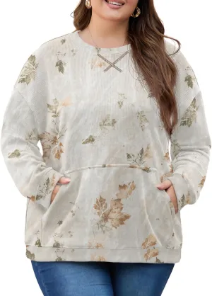 OLRIK Plus Size Sweatshirts for Women Corduroy Knit Long Sleeve Crew Neck Pullover with Pocket 2025 Trendy Sweater 1X-5X