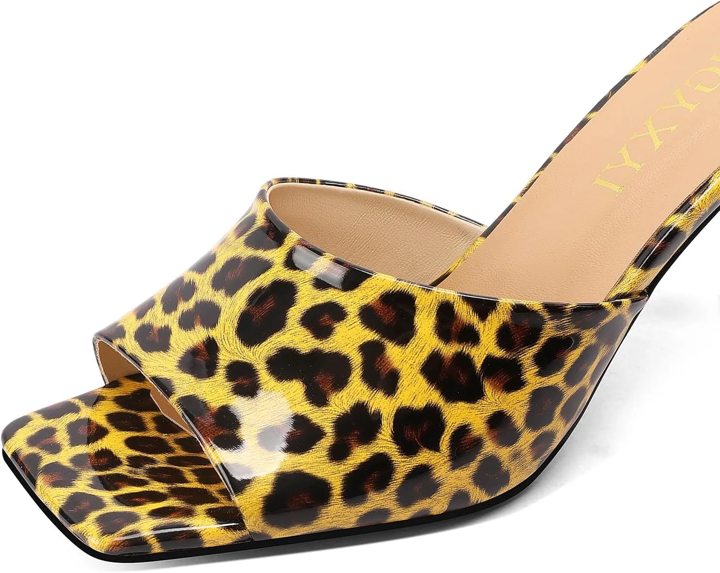 Open-Toe Patent Leather Kitten Heel Mules with Slim Stiletto for Women Sexy Leopard Print Slip On Square-Toe Slide Sandals