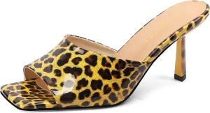 Open-Toe Patent Leather Kitten Heel Mules with Slim Stiletto for Women Sexy Leopard Print Slip On Square-Toe Slide Sandals