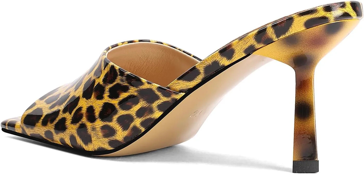 Open-Toe Patent Leather Kitten Heel Mules with Slim Stiletto for Women Sexy Leopard Print Slip On Square-Toe Slide Sandals