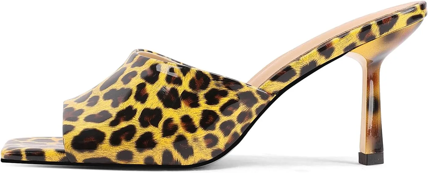 Open-Toe Patent Leather Kitten Heel Mules with Slim Stiletto for Women Sexy Leopard Print Slip On Square-Toe Slide Sandals