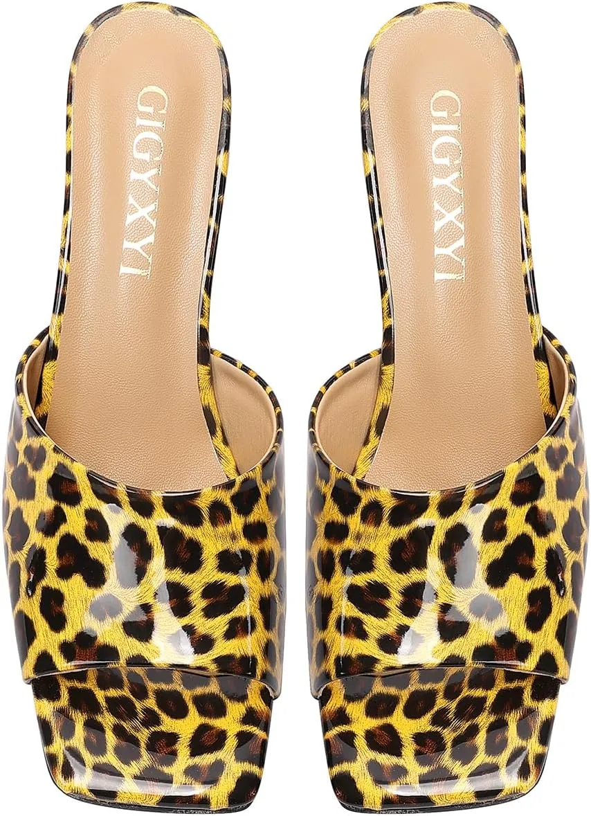 Open-Toe Patent Leather Kitten Heel Mules with Slim Stiletto for Women Sexy Leopard Print Slip On Square-Toe Slide Sandals