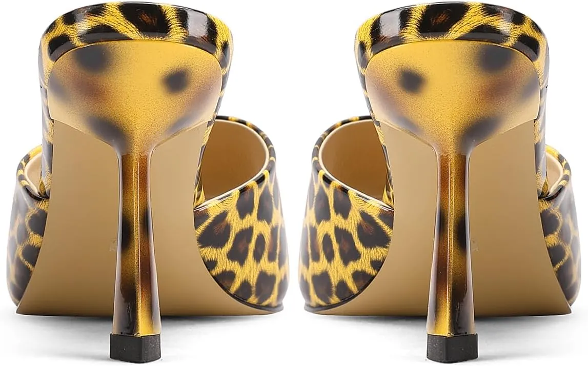 Open-Toe Patent Leather Kitten Heel Mules with Slim Stiletto for Women Sexy Leopard Print Slip On Square-Toe Slide Sandals