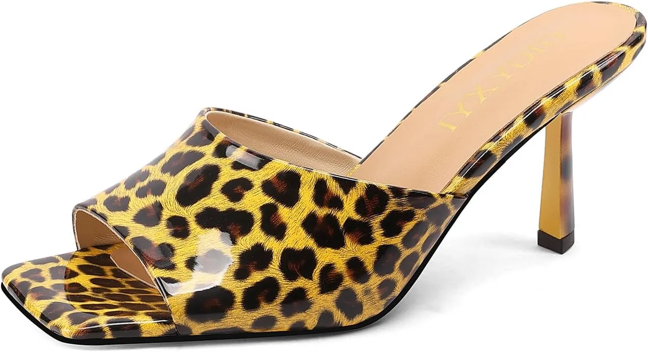 Open-Toe Patent Leather Kitten Heel Mules with Slim Stiletto for Women Sexy Leopard Print Slip On Square-Toe Slide Sandals