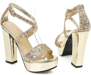 Open-Toe Platform Sandals, Thick Heels Hollow Cross-Strap Design Sequined High Heels Belt Buckle Shiny Fashionable Comfortable And Casual