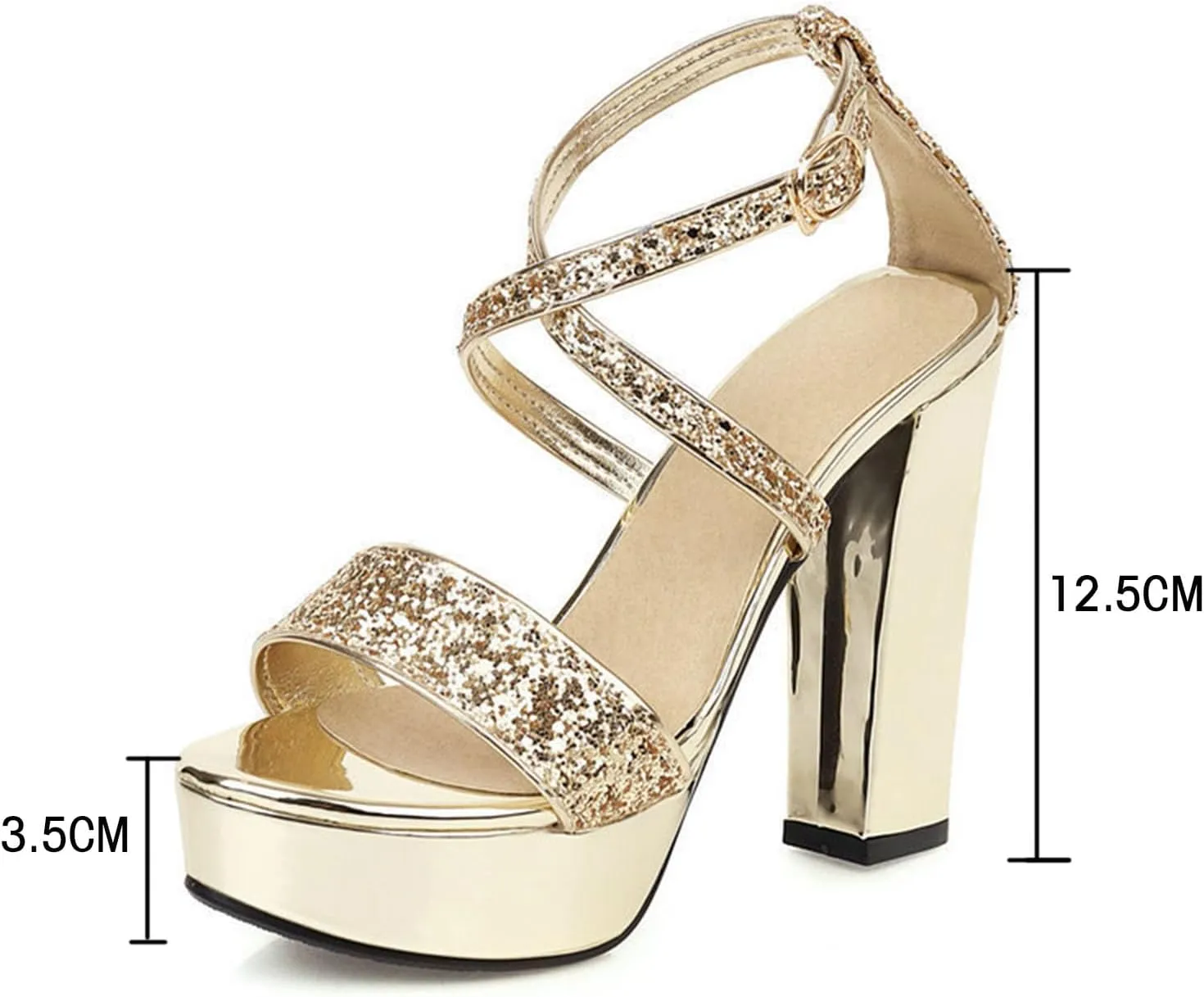 Open-Toe Platform Sandals, Thick Heels Hollow Cross-Strap Design Sequined High Heels Belt Buckle Shiny Fashionable Comfortable And Casual