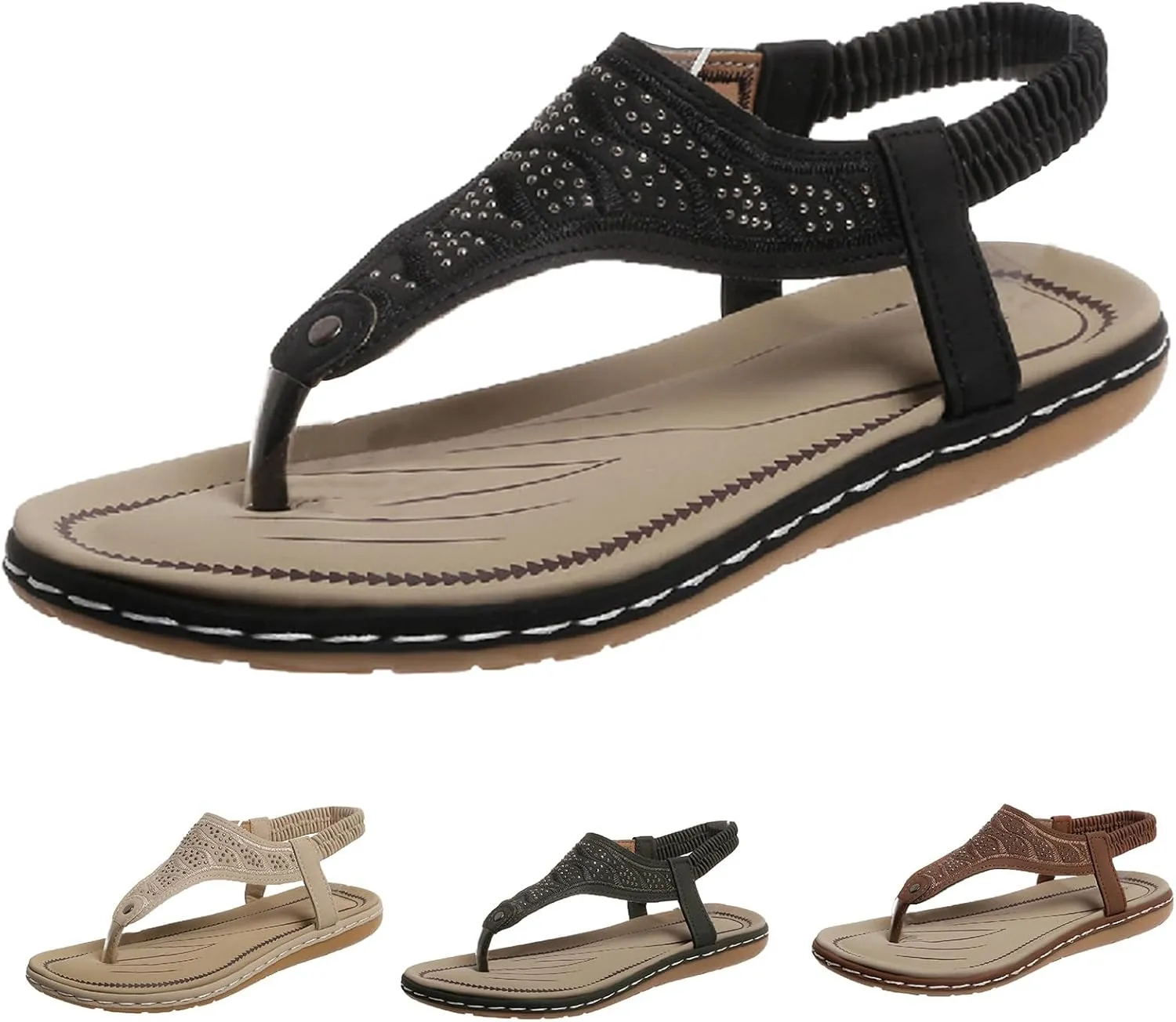 Orthopedic Sandals Women Casual Elastic Strappy Flat Sandals Arch Support T-Strap Walking Thong Flip-Flops Summer Lightweight Ridge Slingback Flat Sandal Comfortable Soft Cushion Shoes