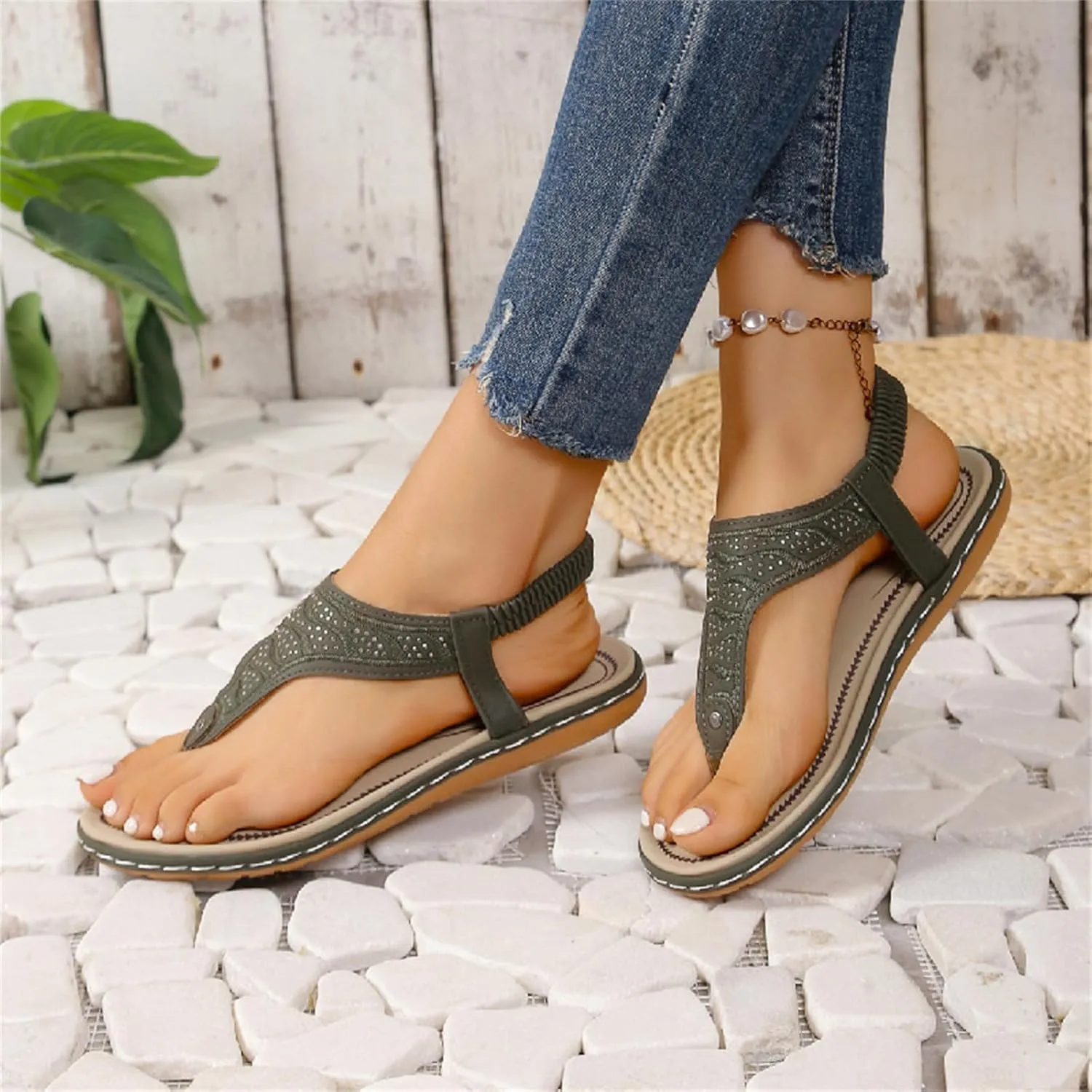 Orthopedic Sandals Women Casual Elastic Strappy Flat Sandals Arch Support T-Strap Walking Thong Flip-Flops Summer Lightweight Ridge Slingback Flat Sandal Comfortable Soft Cushion Shoes