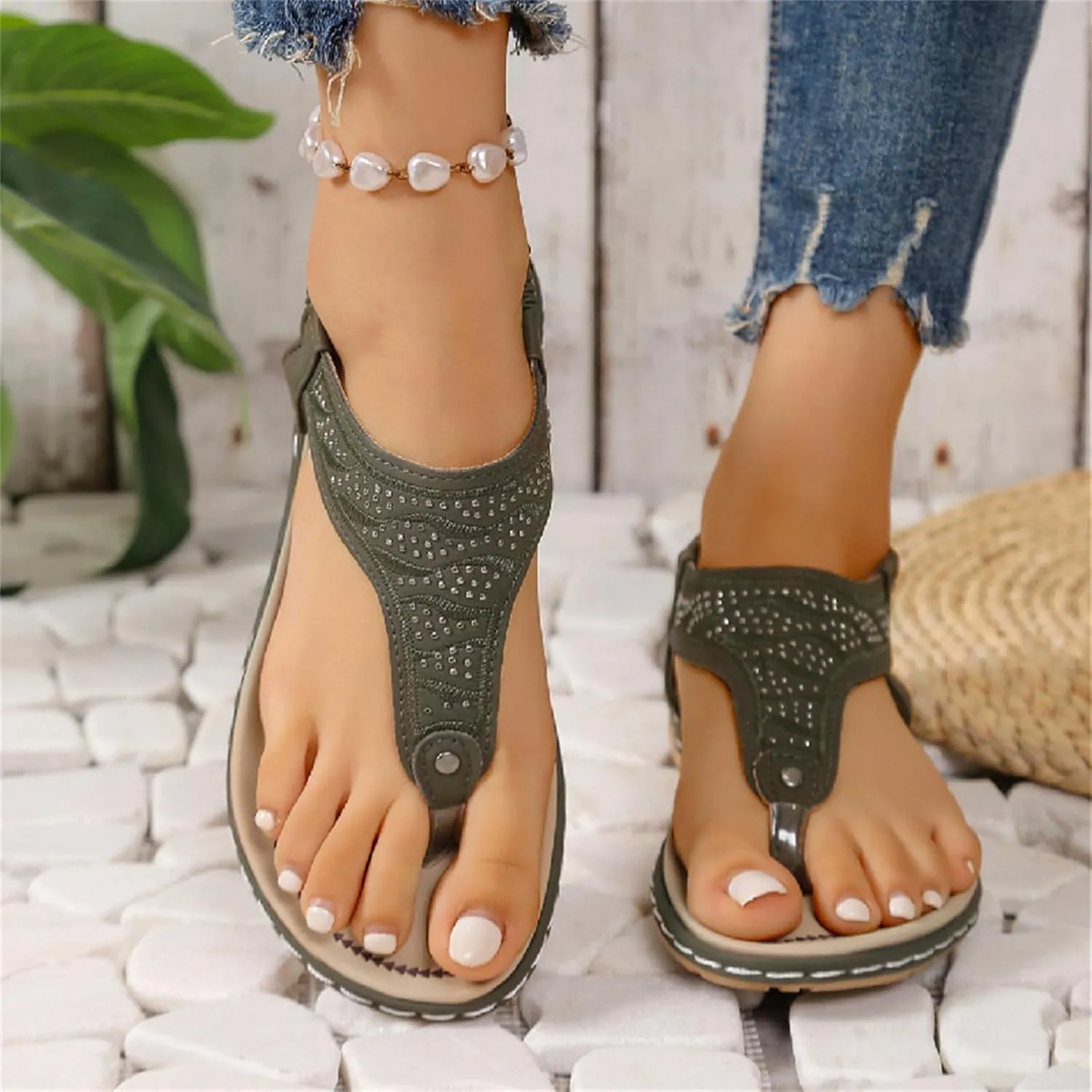 Orthopedic Sandals Women Casual Elastic Strappy Flat Sandals Arch Support T-Strap Walking Thong Flip-Flops Summer Lightweight Ridge Slingback Flat Sandal Comfortable Soft Cushion Shoes