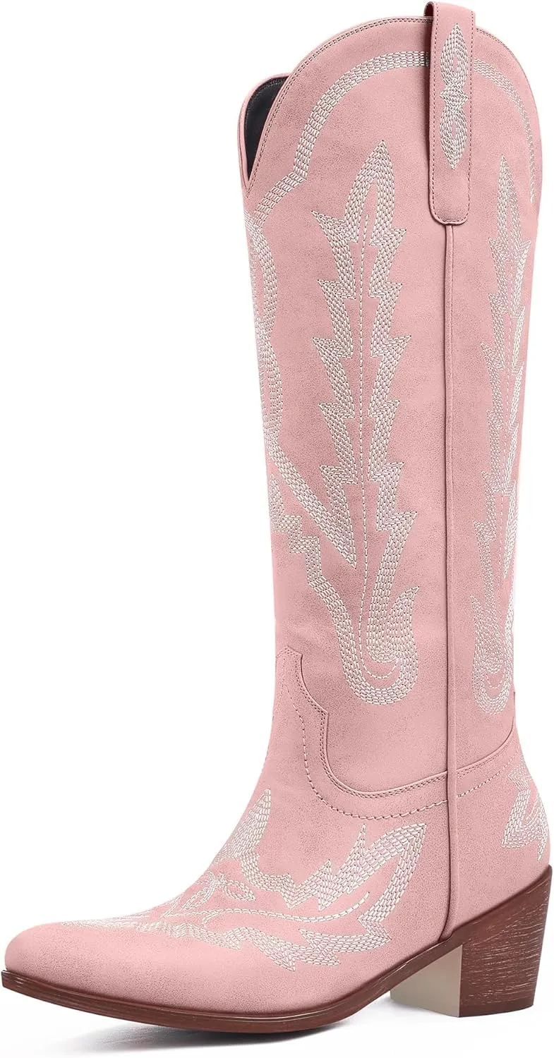 Ouepiano Cowboy Boots for Women Knee High Cowgirl Boots with Classic Embroidered Slip On Pointed Toe Chunky Heel Pull On Fashion Retro Tall Boot