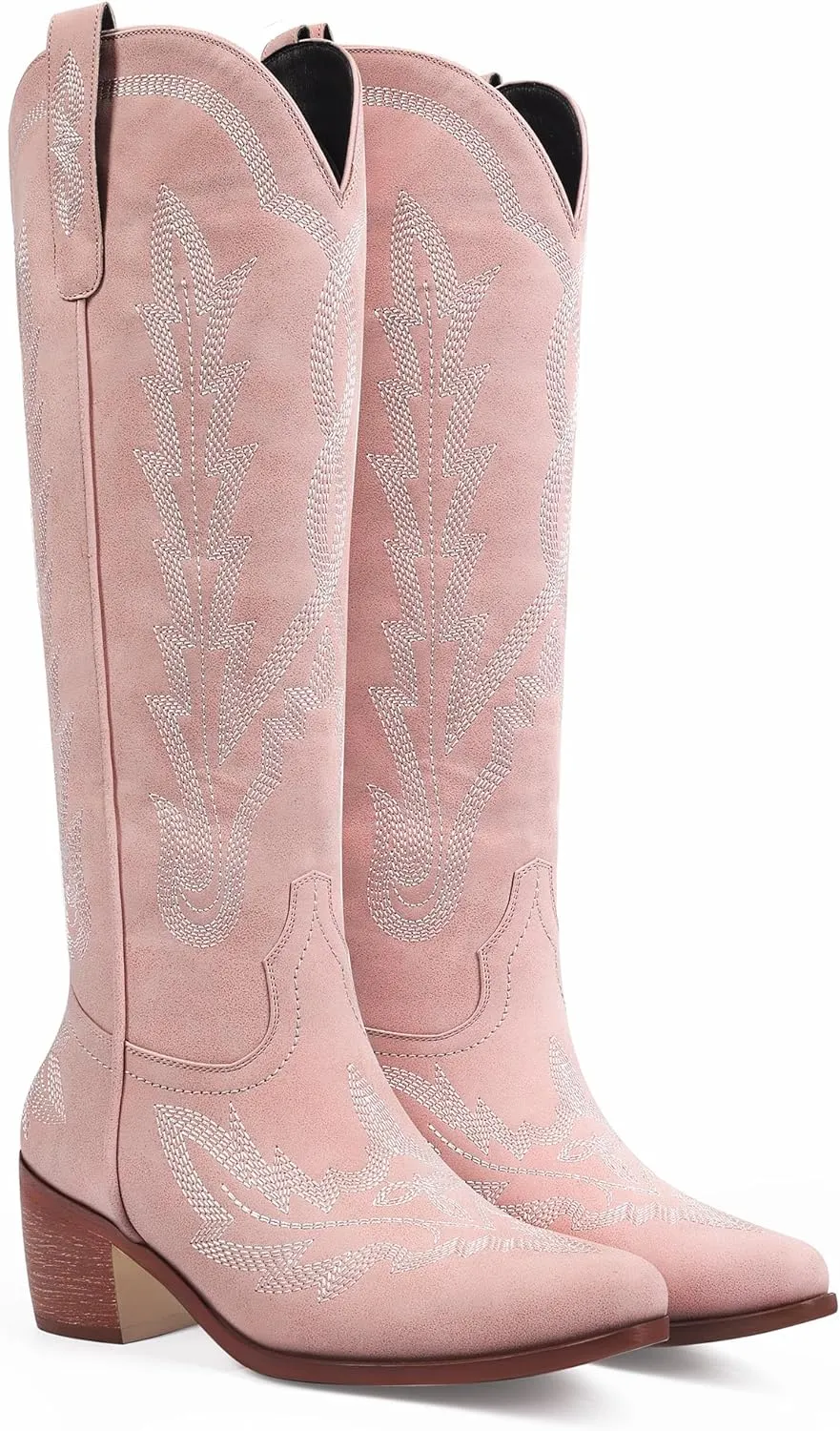 Ouepiano Cowboy Boots for Women Knee High Cowgirl Boots with Classic Embroidered Slip On Pointed Toe Chunky Heel Pull On Fashion Retro Tall Boot