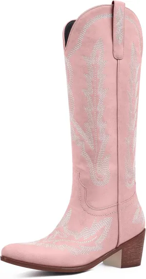 Ouepiano Cowboy Boots for Women Knee High Cowgirl Boots with Classic Embroidered Slip On Pointed Toe Chunky Heel Pull On Fashion Retro Tall Boot