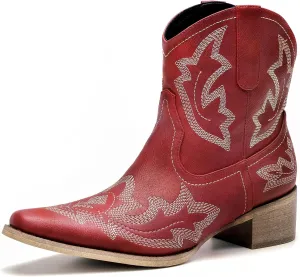 Pasuot Cowboy Boots for Women - Western Cowgirl Boots, Ankle Boots Short Booties for Ladies, Classic Fashion Embroidered Design, Pointed Toe With Rubber Chunky Heel and Pull On Tabs