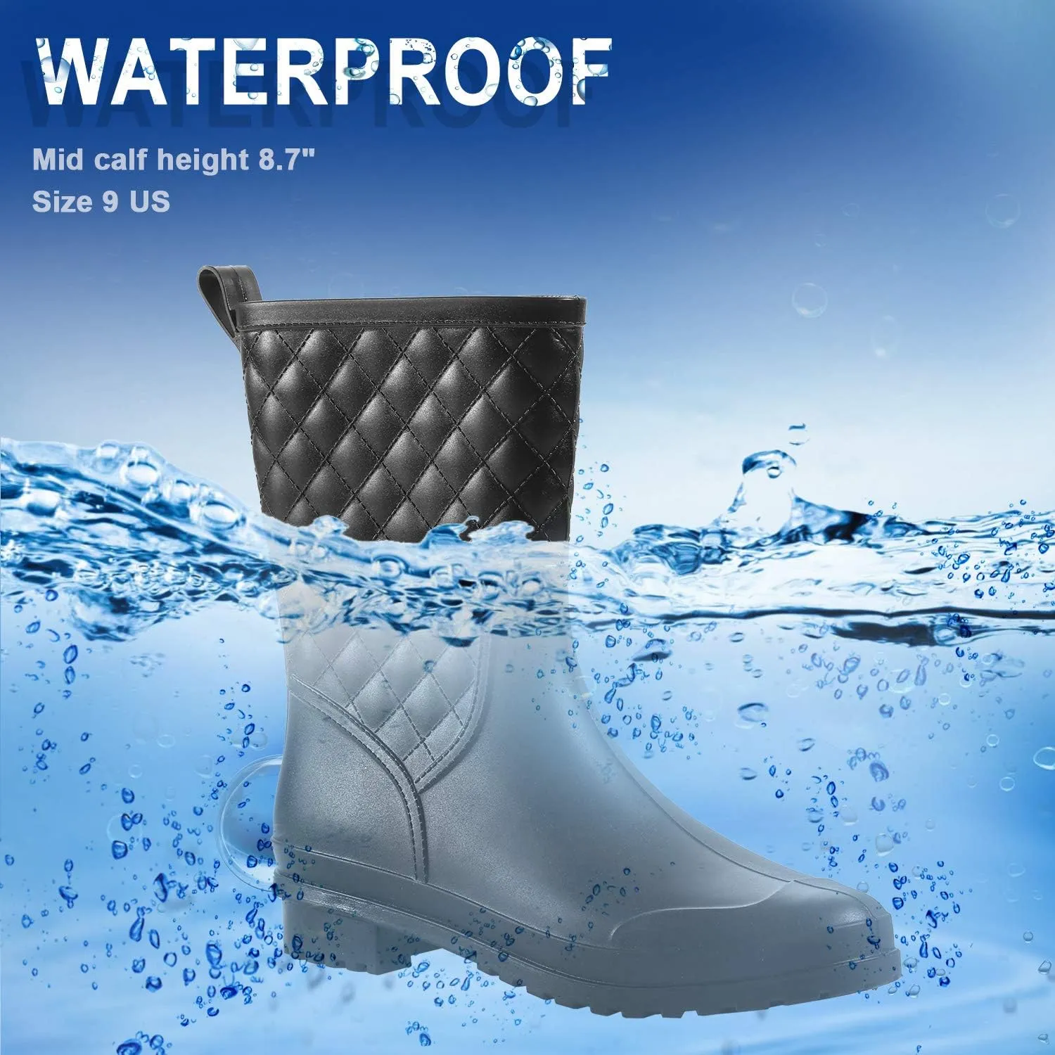 Petrass Women Rain Boots Black Waterproof Mid Calf Lightweight Cute Booties Fashion Out Work Comfortable Garden Shoes