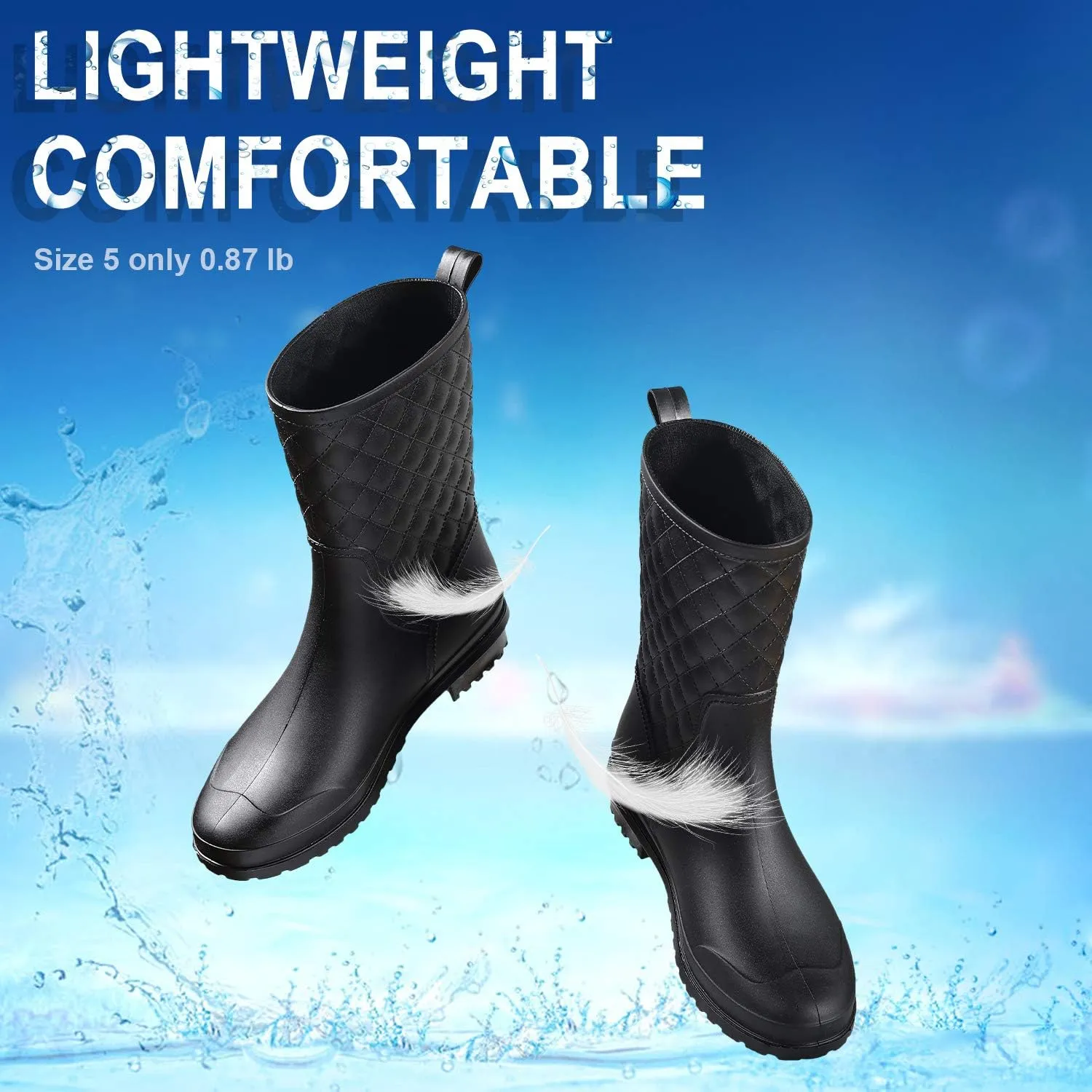 Petrass Women Rain Boots Black Waterproof Mid Calf Lightweight Cute Booties Fashion Out Work Comfortable Garden Shoes