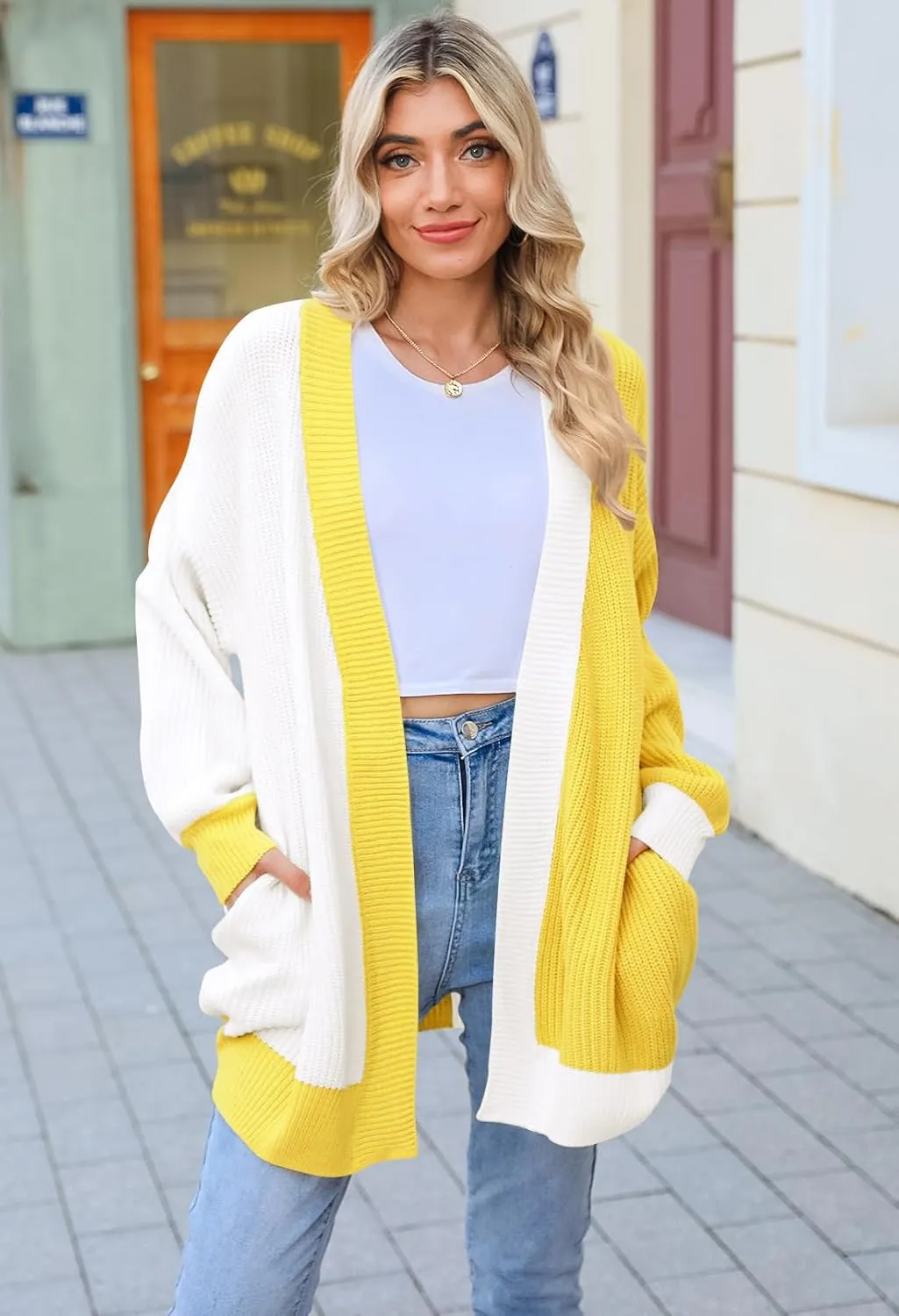 Pink Queen 2024 Fall Long Cardigans for Women Batwing Sleeve Open Front Ribbed Knit Oversized Cardigan Sweaters with Pockets