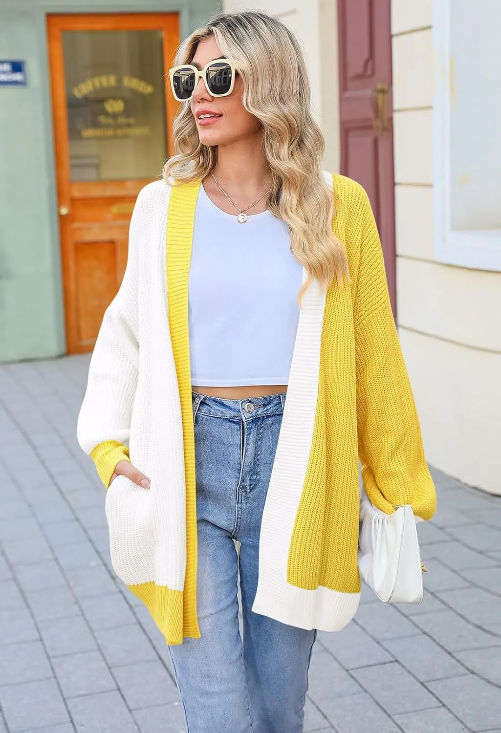 Pink Queen 2024 Fall Long Cardigans for Women Batwing Sleeve Open Front Ribbed Knit Oversized Cardigan Sweaters with Pockets