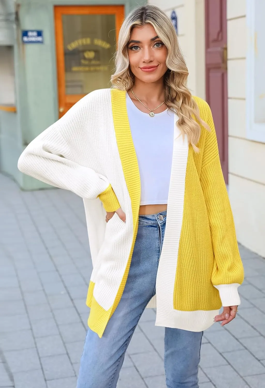 Pink Queen 2024 Fall Long Cardigans for Women Batwing Sleeve Open Front Ribbed Knit Oversized Cardigan Sweaters with Pockets