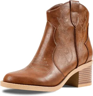 PIZZ ANNU Women's Embroidered Western Cowboy Boots Cowgirl Round Toe Short Ankle Boots Ladies Fashion Retro Classic Booties Chunky Heels