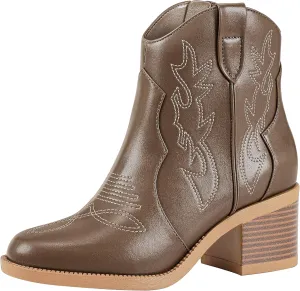 PIZZ ANNU Women's Embroidered Western Cowboy Boots Cowgirl Round Toe Short Ankle Boots Ladies Fashion Retro Classic Booties Chunky Heels