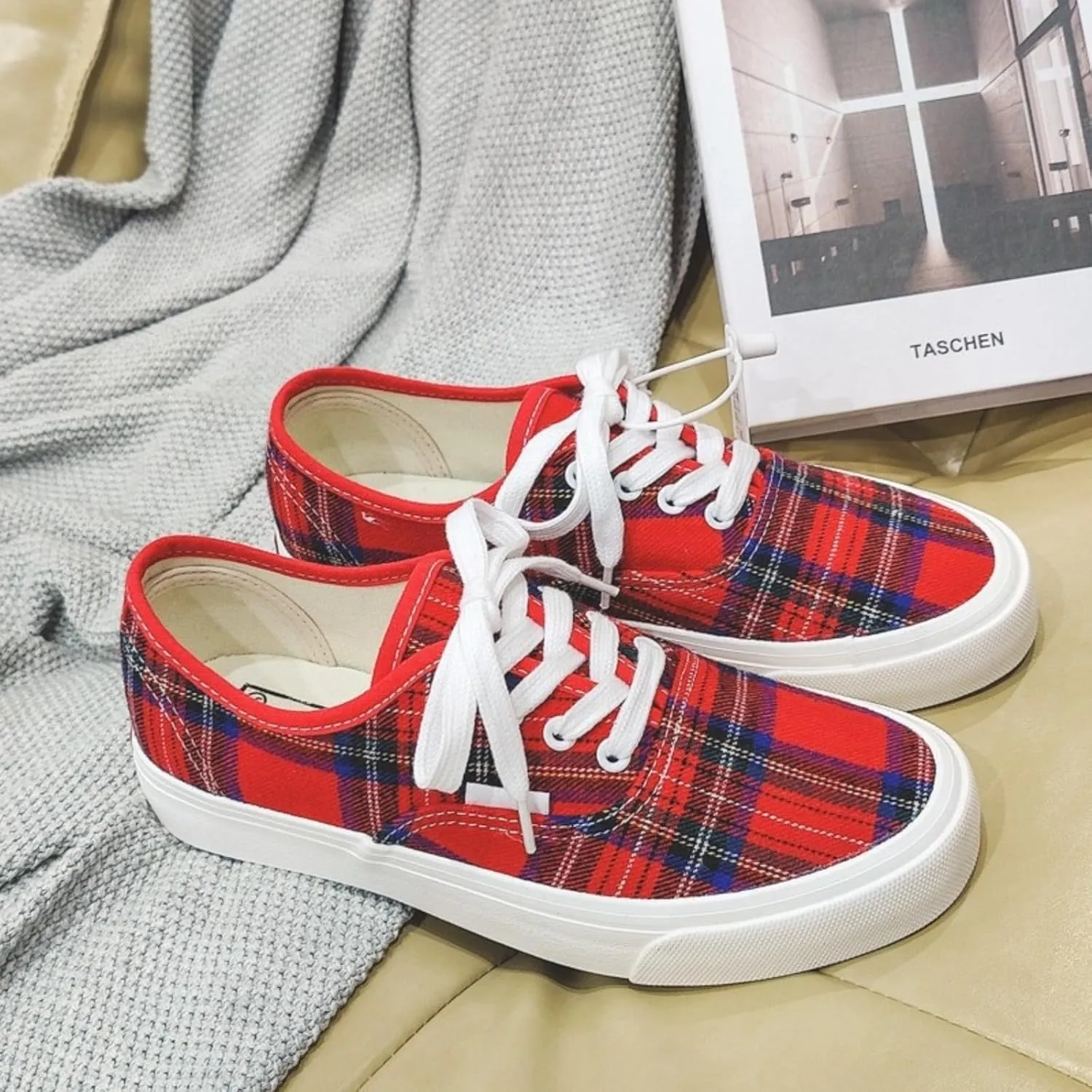 Plaid Canvas Skate Shoes for Women Casual Low Top Spring Style Sneakers