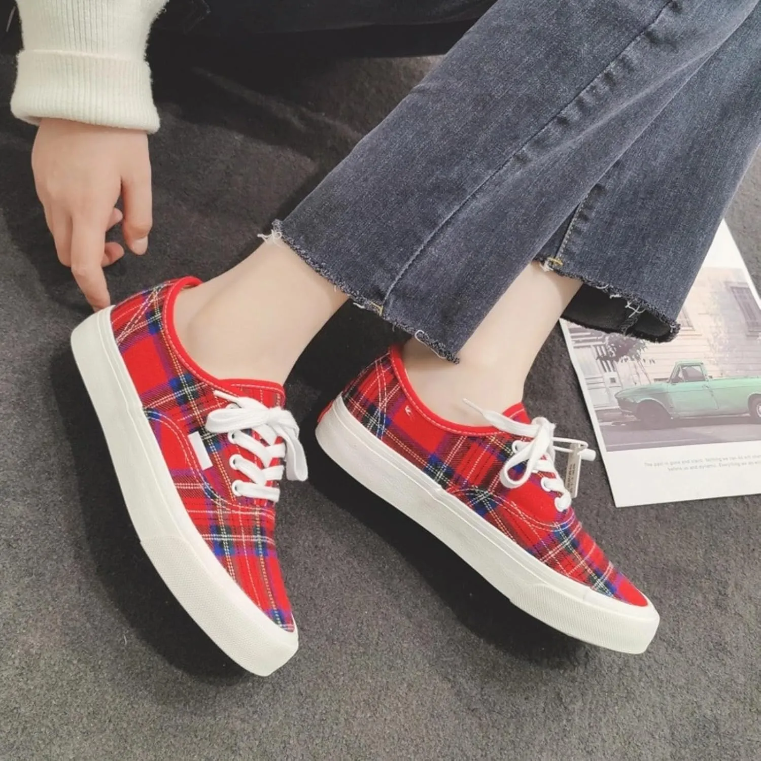 Plaid Canvas Skate Shoes for Women Casual Low Top Spring Style Sneakers