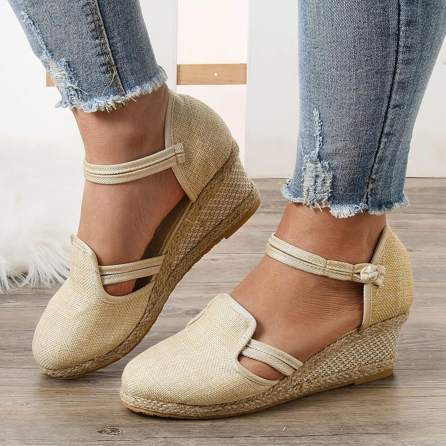 Platform Closed Toe Sandals for Women 2025 Dressy Summer, Women's Elastic Ankle Strap Espadrille Wedge Sandals Platform Lace Up Casual Shoes（Beige