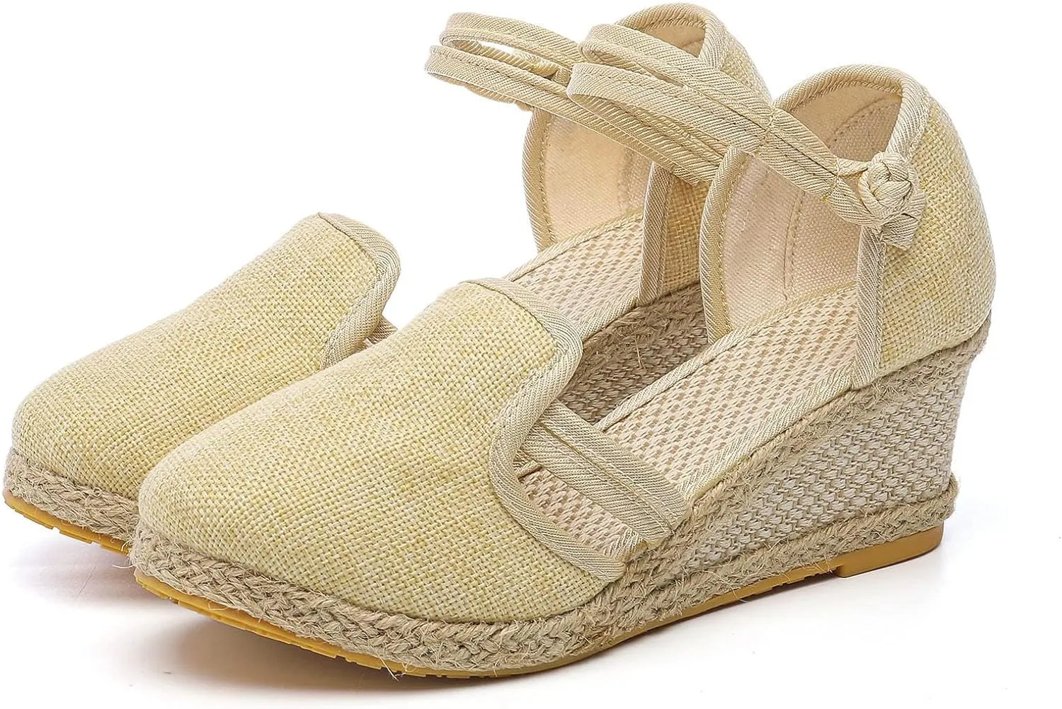 Platform Closed Toe Sandals for Women 2025 Dressy Summer, Women's Elastic Ankle Strap Espadrille Wedge Sandals Platform Lace Up Casual Shoes（Beige