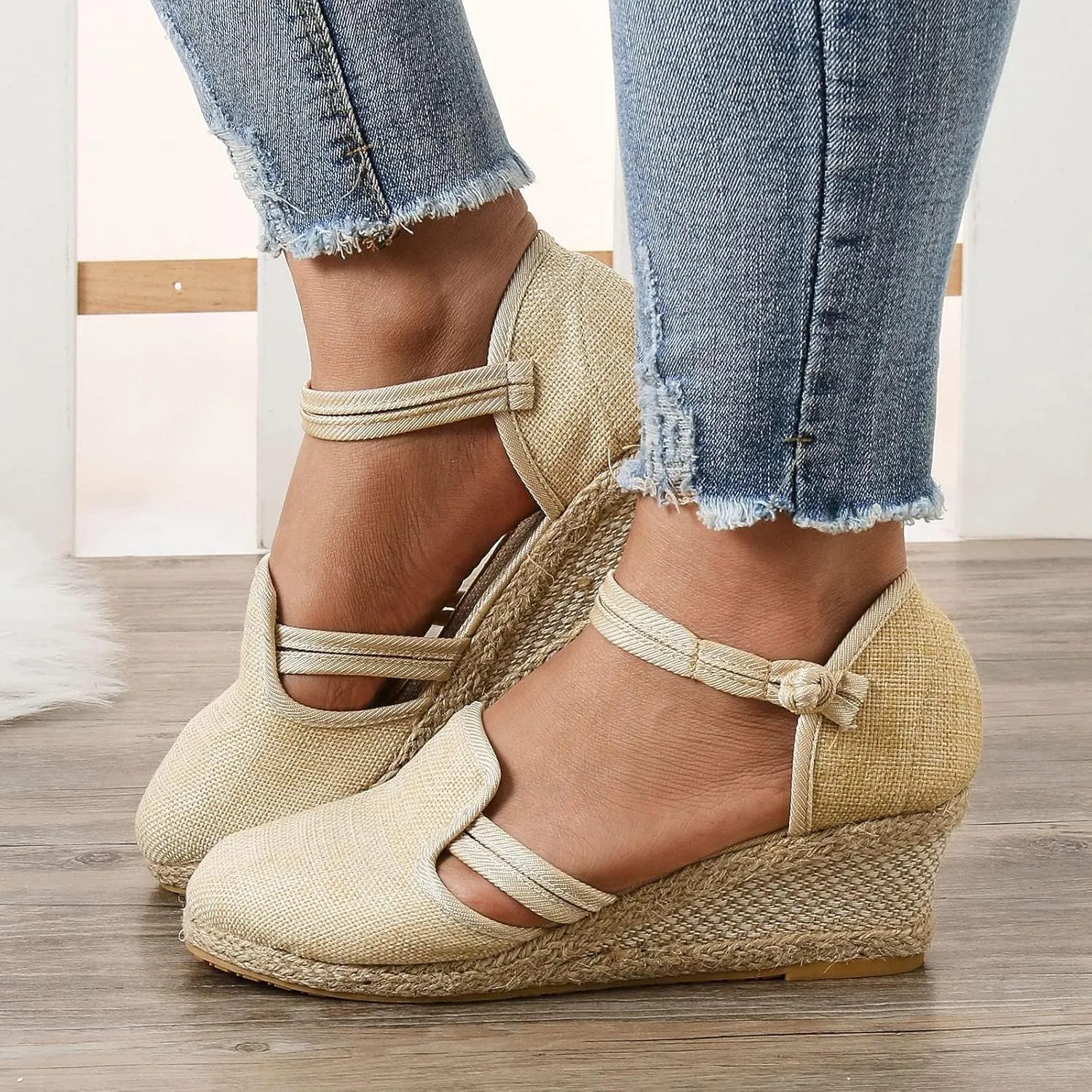 Platform Closed Toe Sandals for Women 2025 Dressy Summer, Women's Elastic Ankle Strap Espadrille Wedge Sandals Platform Lace Up Casual Shoes（Beige