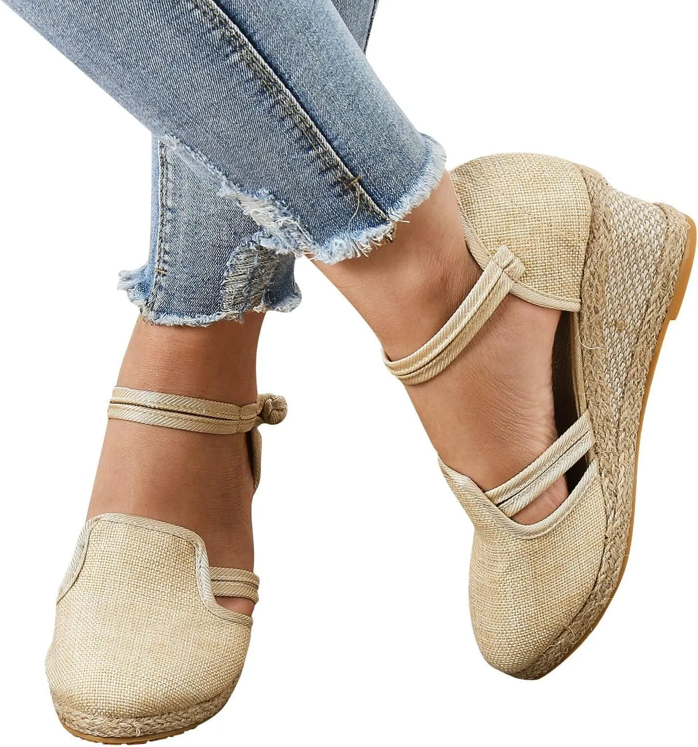 Platform Closed Toe Sandals for Women 2025 Dressy Summer, Women's Elastic Ankle Strap Espadrille Wedge Sandals Platform Lace Up Casual Shoes（Beige