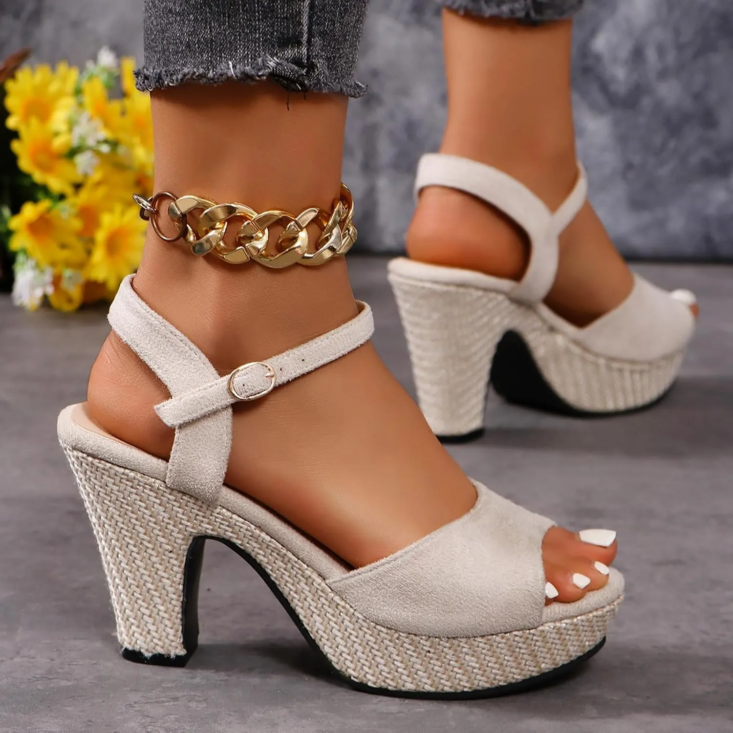 Platform Heels for Women Black Dress Shoes Chunky High Heel Sandals Ankle Strap Wedding Evening Party Dress Pumps