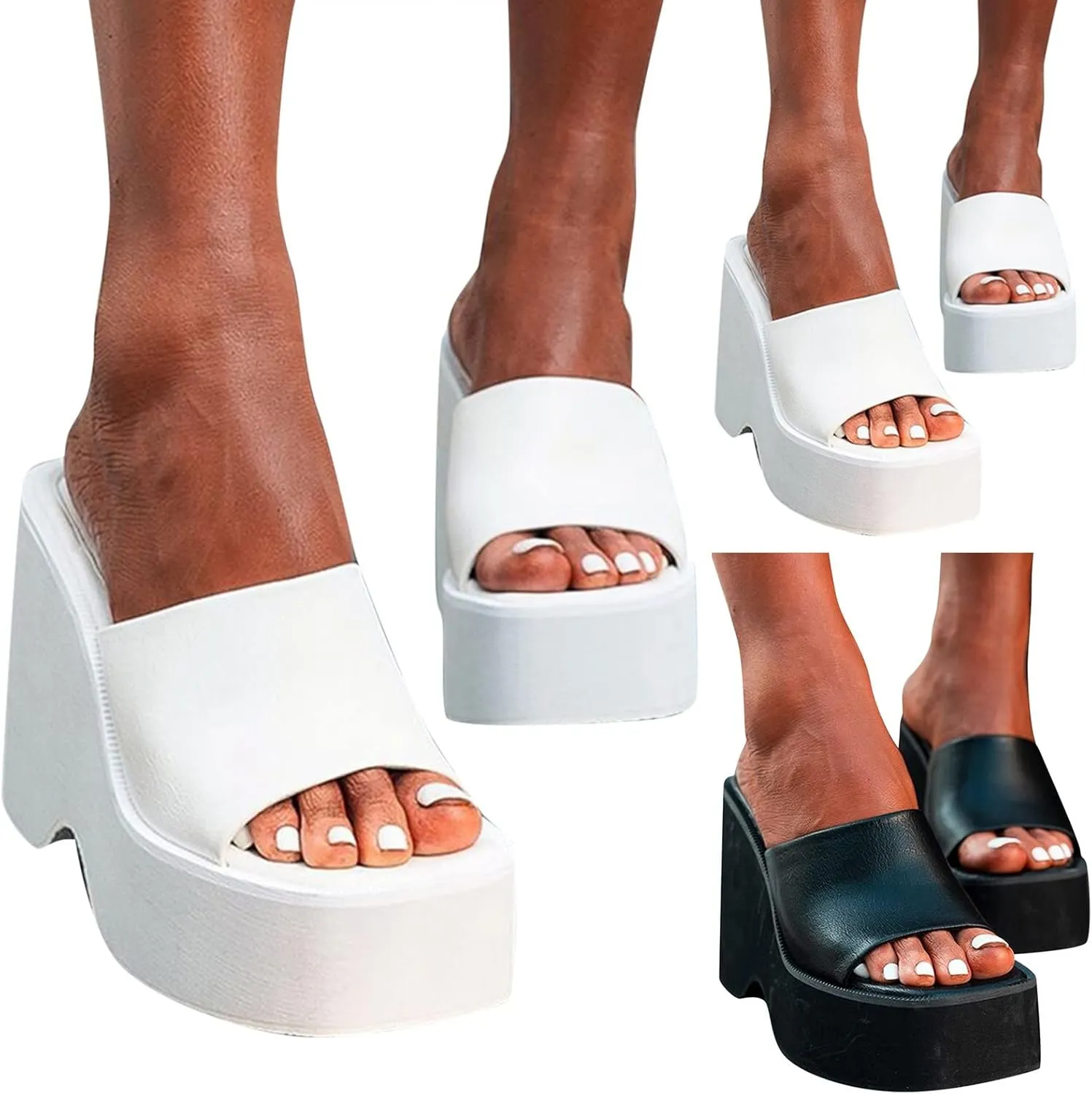 Platform Heels for Women White Block Heels Sandals Open Toe Slip on Shoes Summer Vacation Sandals Casual Slippers