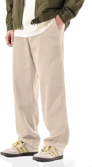 PLEPAN Mens Corduroy Pants Baggy Wide Leg Loose Fit Drawstring Elastic Waist Sweatpants Vintage Pants