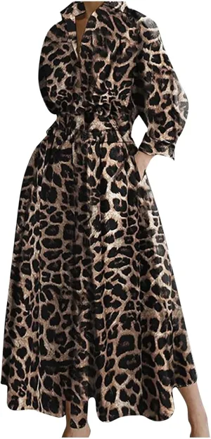 Plus Size Dresses for Curvy Women Long Sleeve Leopard Print Empire Waist Button Up Maxi Dress Causal Ruffle Dresses